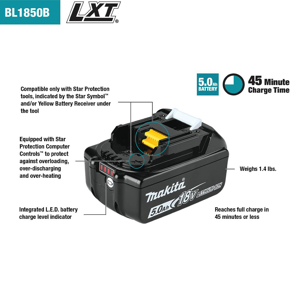 Makita BL1850B 18V LXT Lithium‑Ion 5.0Ah Battery