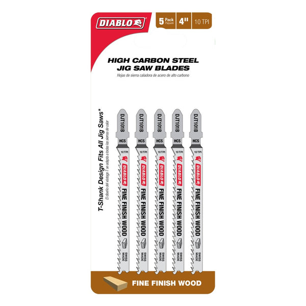 Diablo 4" 10 TPI High Carbon Steel T-Shank Jig Saw Blades for Fine Finish Cuts in Wood (5-Pack)