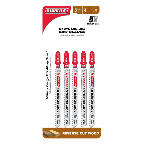 Diablo 4" 10 TPI Jig Saw Blades for Reverse Cuts in Wood (5 Pack)
