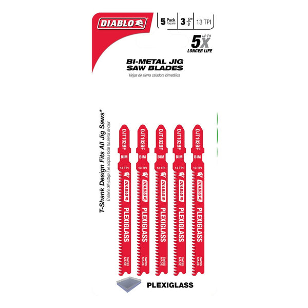 Diablo 3-5/8" 13 TPI Bi-Metal T-Shank Jig Saw Blades for Plexiglass (5-Pack)