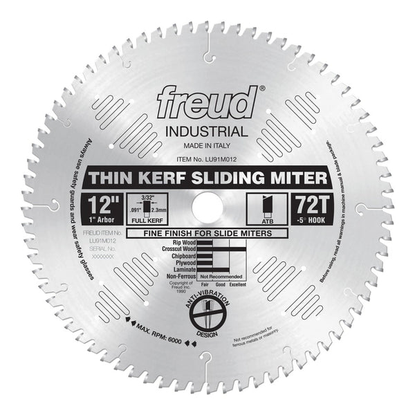 Freud 12" x 72T Thin Kerf Sliding Compound Miter Saw Blade