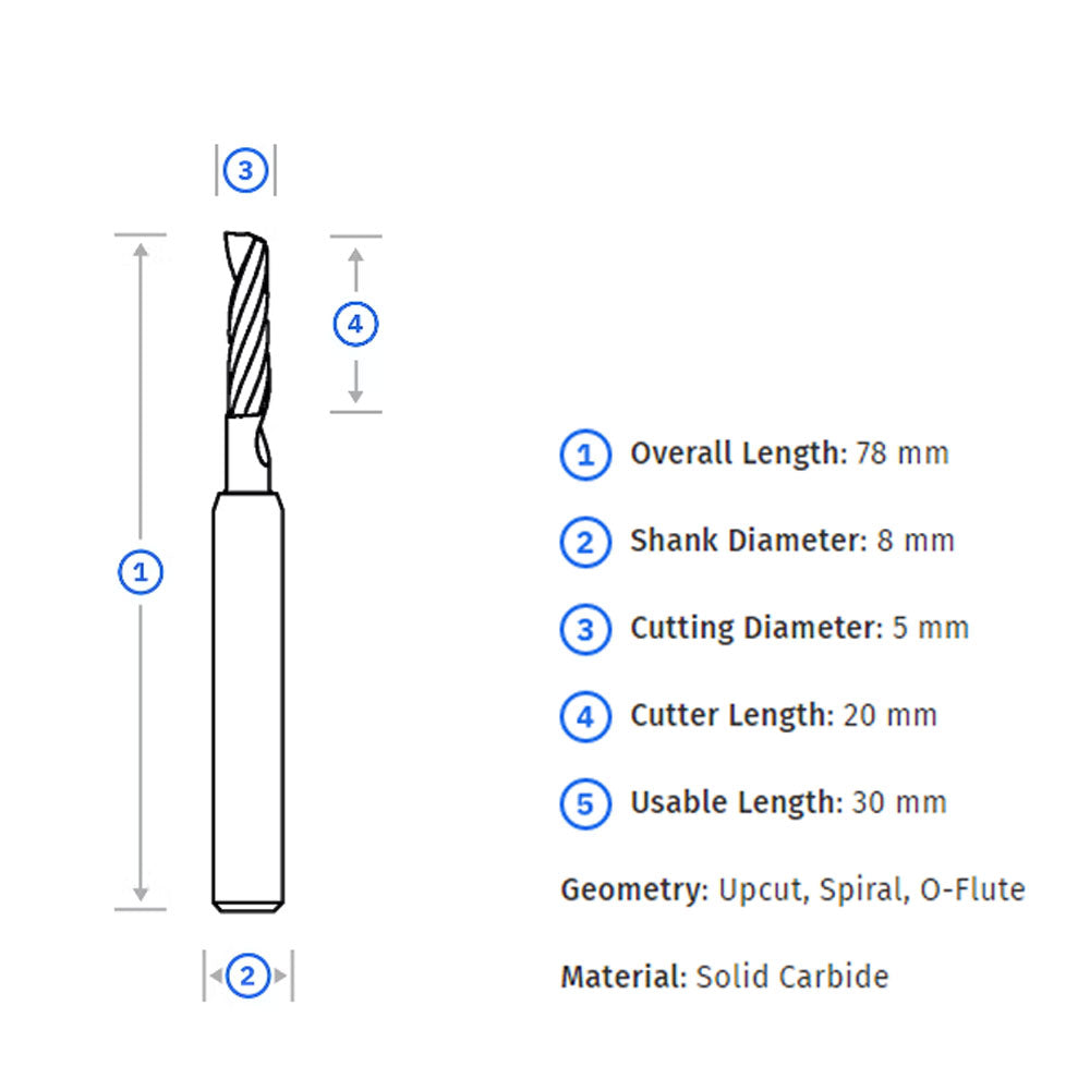 Shaper Up-Spiral O-Flute Router Bit 8mm Shank x 5mm Diameter