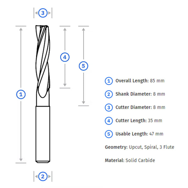 Shaper 8mm X 35mm Up-Spiral Flat Router Bit