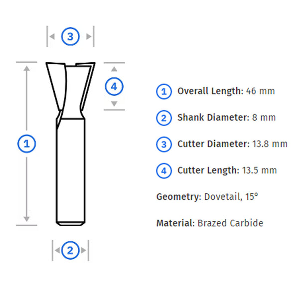 Shaper 15° Dovetail Router Bit (8mm Shank)