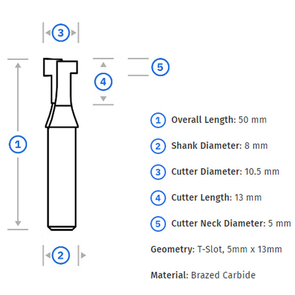 Shaper T-Slot Router Bit 8mm Shank x 10.5mm Diameter