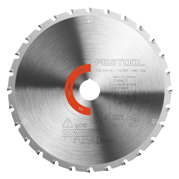 Festool Diamond Saw Blade Laminate/HPL, 28 Teeth, For TS 55 F / TSC 55 K / HK(C) 55 (1.8mm Kerf)