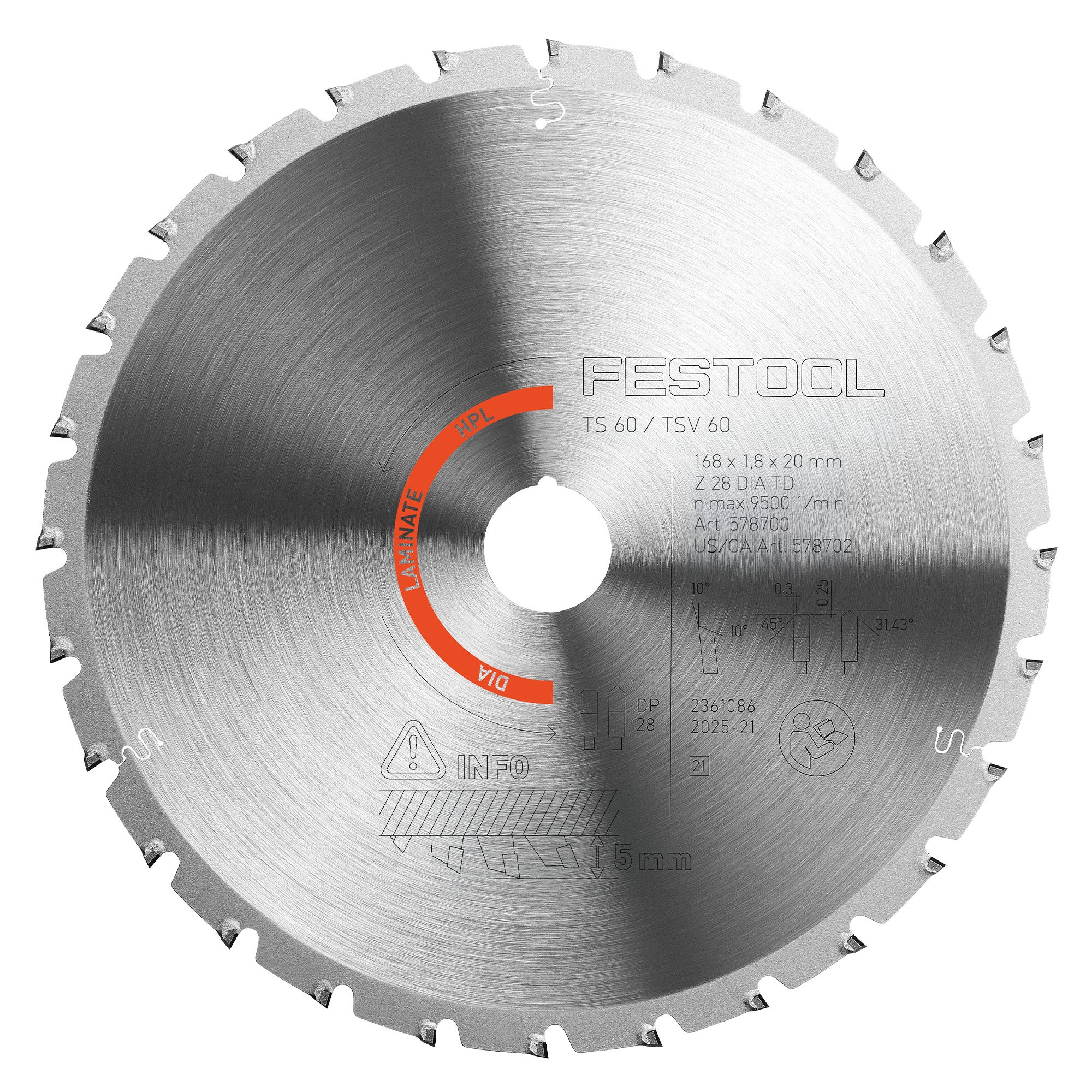 Festool Diamond Saw Blade Laminate/HPL, 28 Teeth, For TS 60 K & TSV 60 K (1.8mm Kerf)