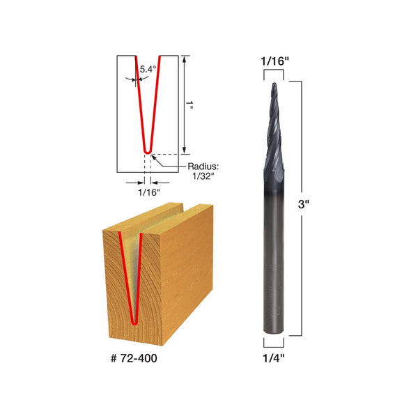 Freud 5.4° Tapered Ball Router Bit 1/16" Diameter, 1" Cut, 1/4" Shank (3" Length)