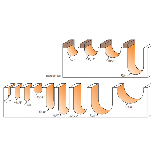CMT 2 Flute Round Nose Router Bit 1/4" SH, 1/2" D, 3/8" CL