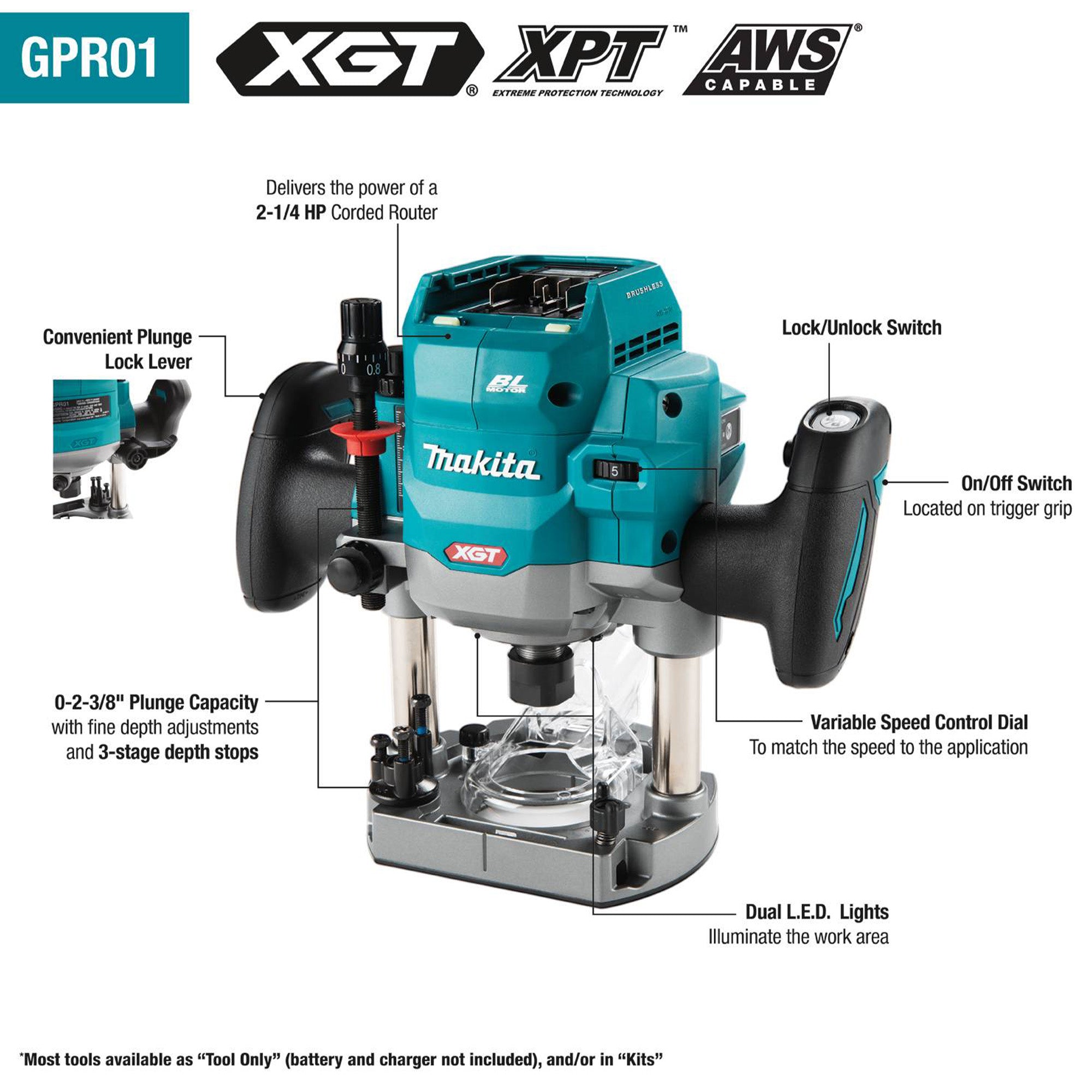 Makita GPR01Z 40V max XGT Cordless Plunge Router 2.25HP (Tool Ony)