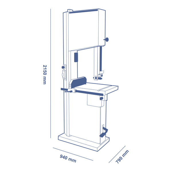 Dimensional drawing of the SCM Formula S 540P bandsaw showing 2,150mm height, 940mm width, and 790mm depth