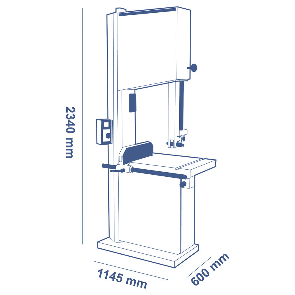 Dimensional drawing of the SCM Formula S 640P bandsaw showing 2,340mm height, 1,145mm width, and 600mm depth