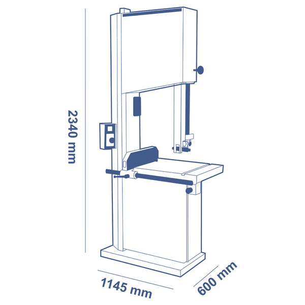 Dimensional drawing of the SCM Formula S 640P bandsaw showing 2,340mm height, 1,145mm width, and 600mm depth
