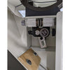 Lower blade guide assembly on the SCM Formula S 640P showing the Euro-style guide block with knurled adjustment knobs