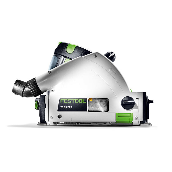 Close-up detail of the Festool TS 55 FEQ-F-Plus Plunge Cut Saw's blade and splinter guard mechanism, highlighting its precision cutting features.