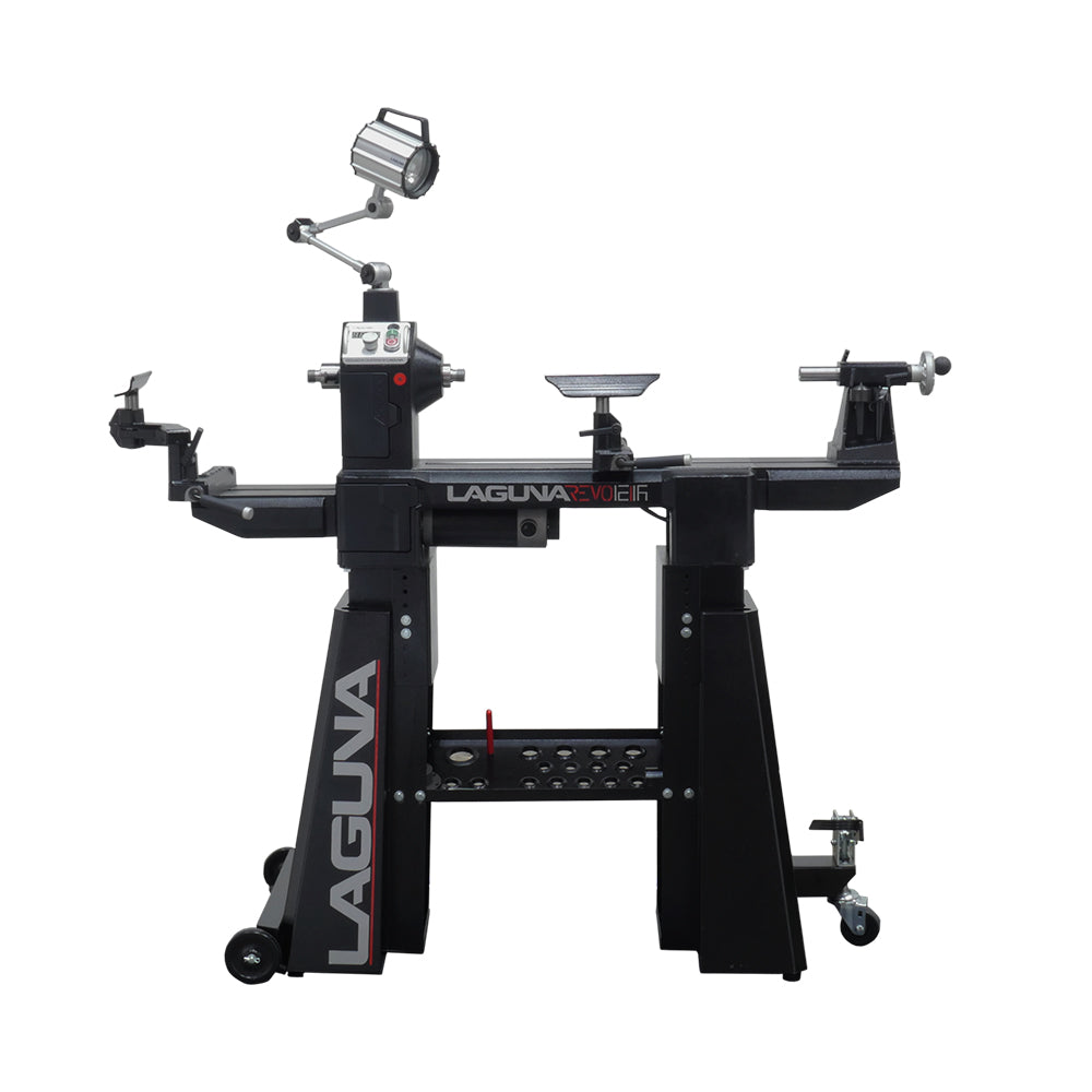 Laguna REVO 12|16 Lathe Shown with Optional Double Arm Light, Wheel Kit, Adjustable Stand, and Expansion Set