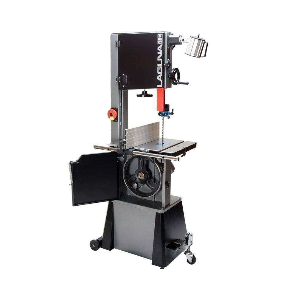 Front Right Side View Laguna 14|12 Bandsaw with Open Lower Window for Tension and Tracking