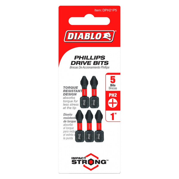 Diablo #2 Phillips 1" Drive Bits (5 Pack)