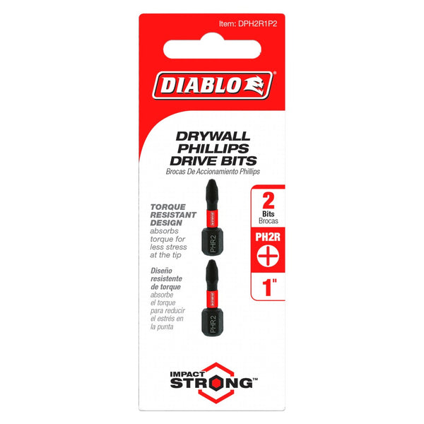 Diablo #2 Phillips 1" Drive Bits Reduced for Drywall Screws (2 Pack)